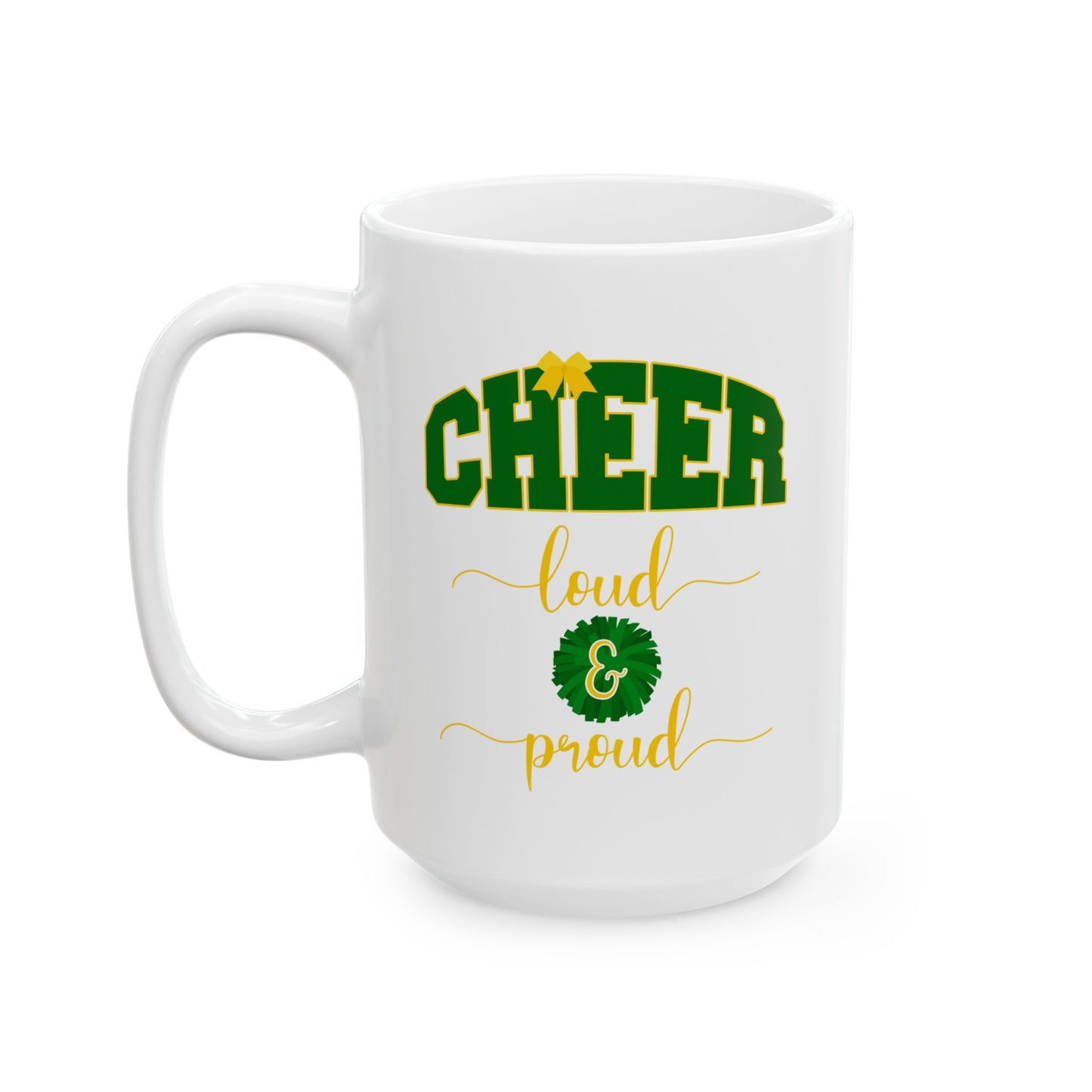 green and yellow cheerleader ceramic coffee mugs