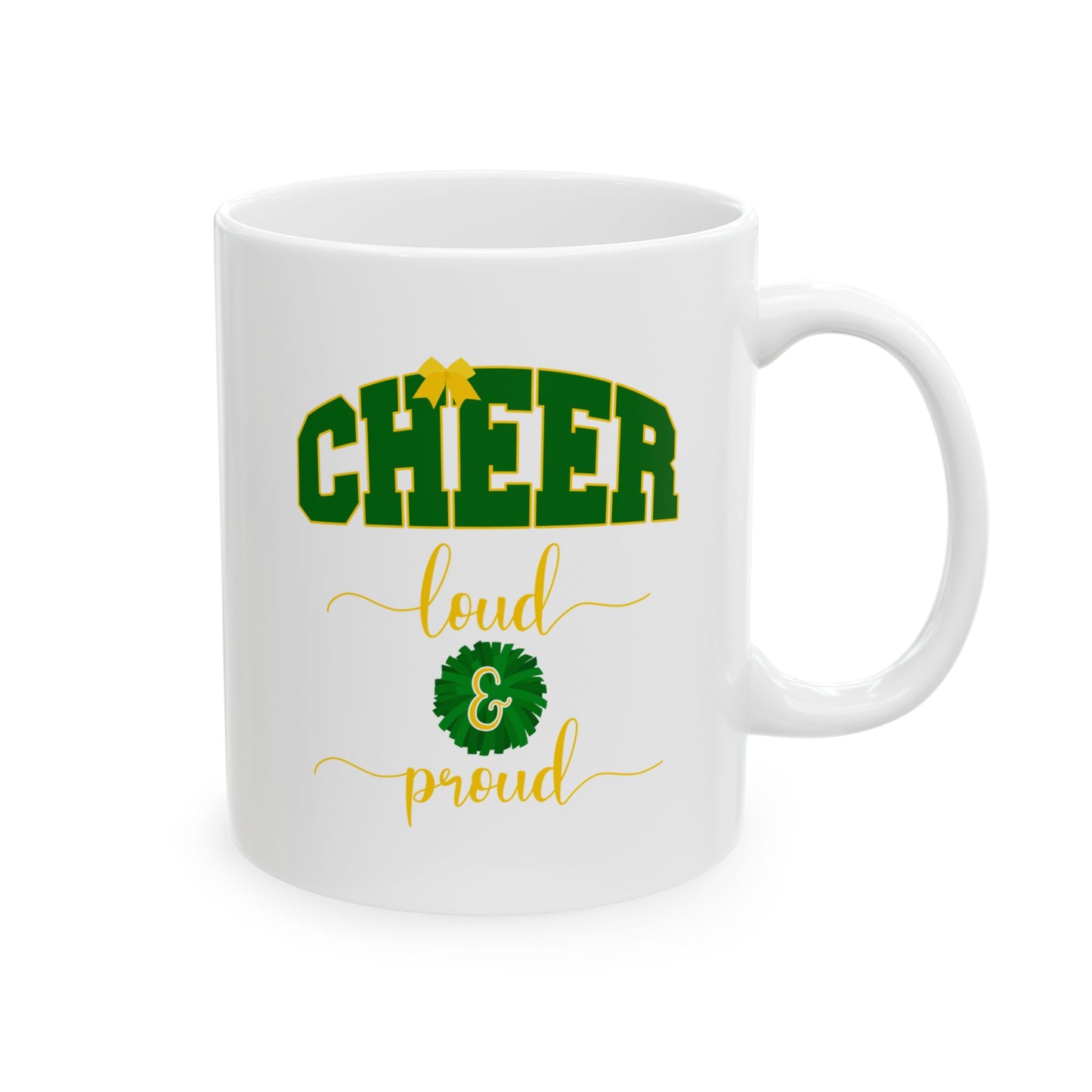 cheer team coffee mug in green and yellow