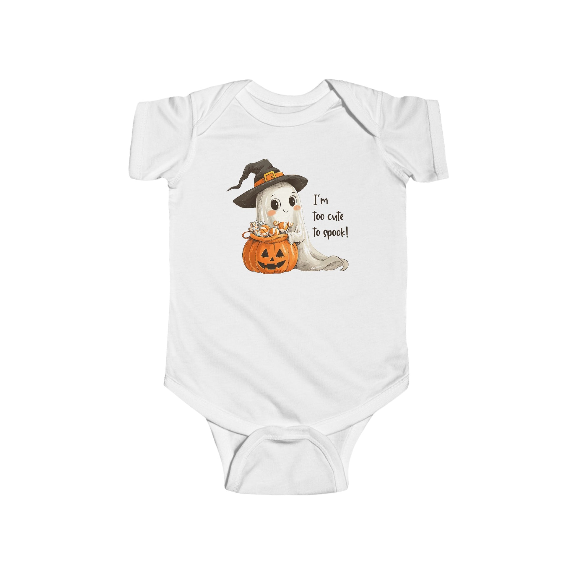 halloween one piece romper with cute ghost and words that say I'm too cute to spook