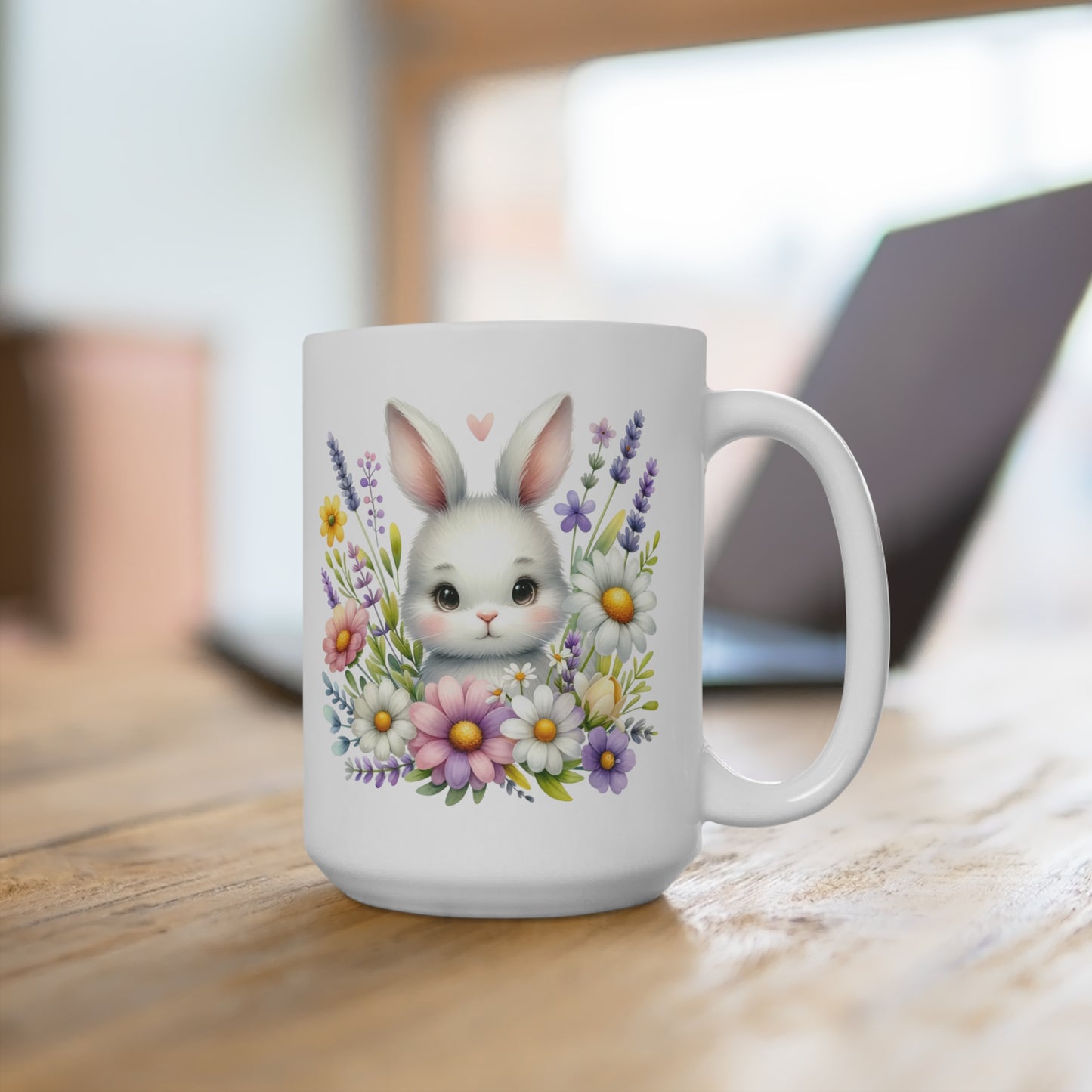 Spring Bunny Rabbit Coffee Mug, Easter Bunny 15oz White Ceramic Mug