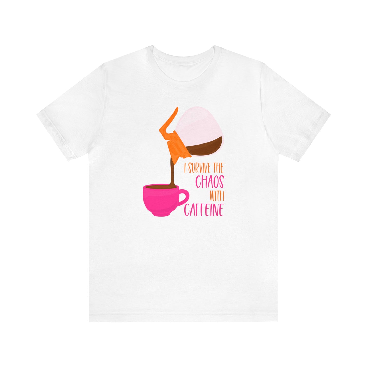 Pink Orange Coffee Lover Cotton T-shirt, Unisex I Survive the Chaos with Caffeine Tee