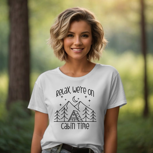 camping t-shirt for men and women, relax we're on cabin time tee, vacation t-shirt