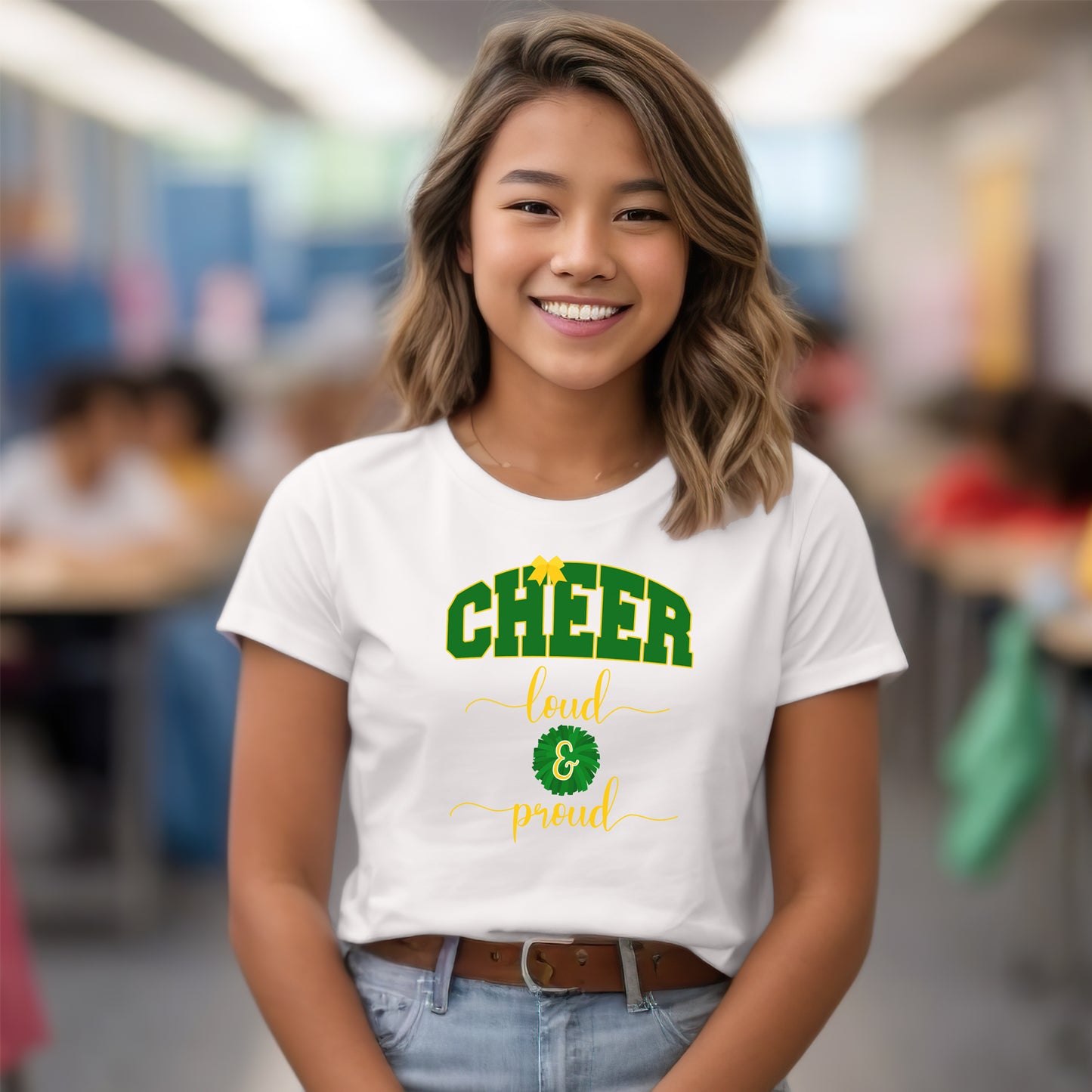 cheer loud and proud youth t-shirt for girls in green and yellow graphics